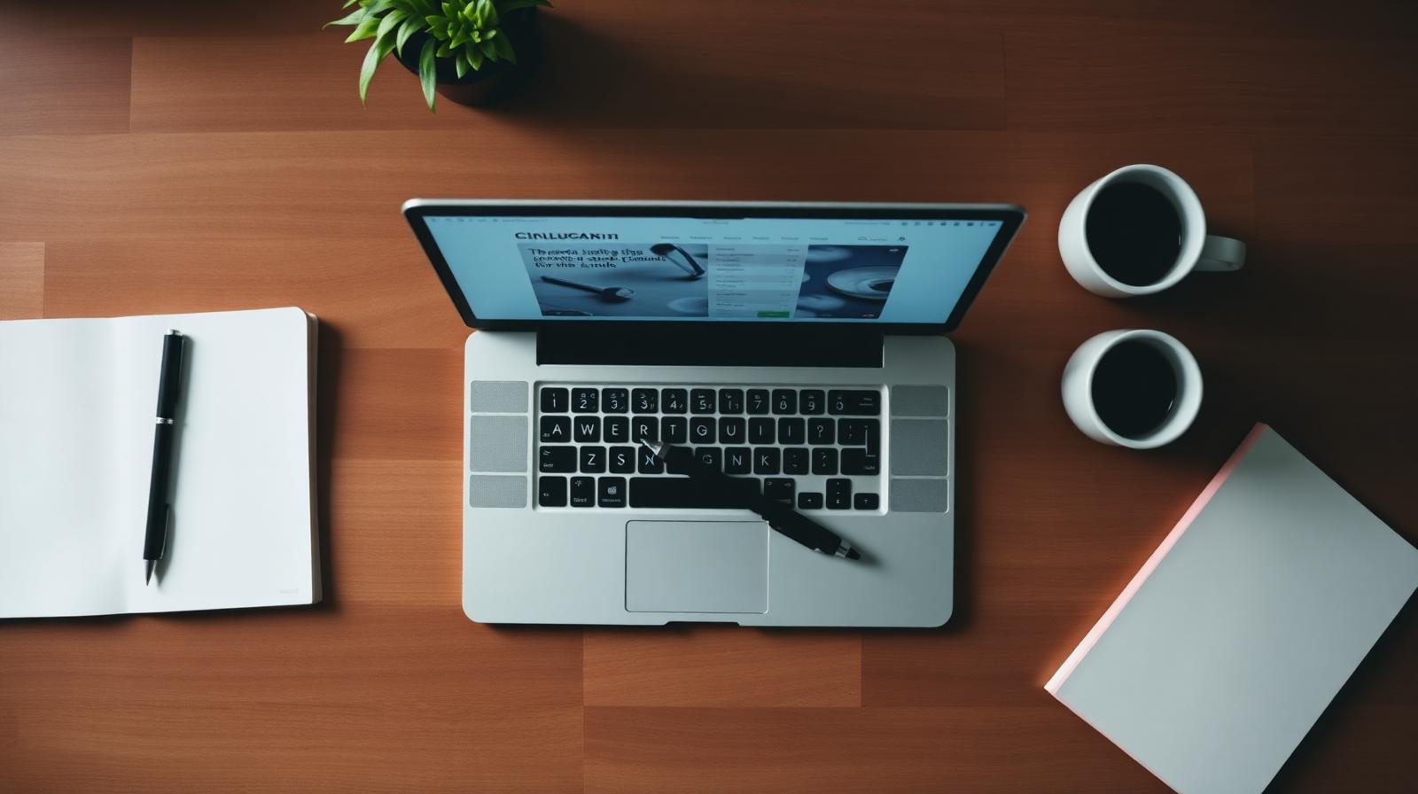 Consultant's desk - laptop with a calendar and a notebook.